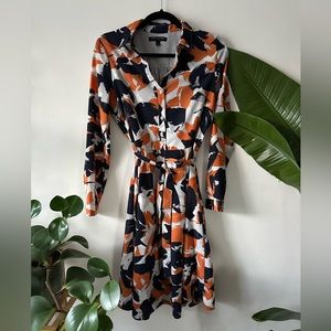 Banana Republic Belted Shirt Dress Navy and Orange Abstract Print Sz 4